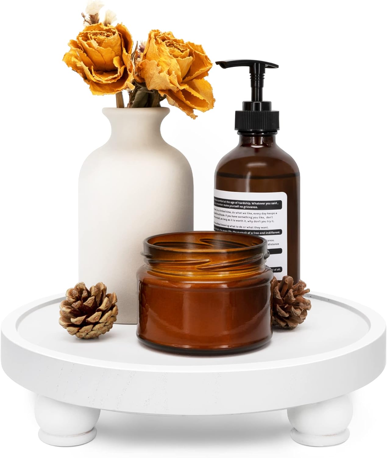 EOSAHR Decorative Wooden Riser for Home Decor : Farmhouse Display Stand for Kitchen Counter, Bathroom Sink and Home Decor - Rustic Round Waterproof Pedestal Tray for Soap, Plant Holder (White)