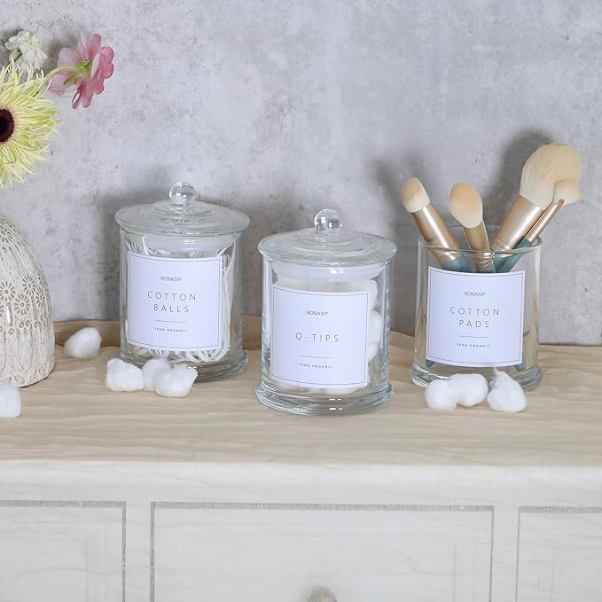 3 Pack Qtip Holder Dispenser, 16oz Bathroom Organizer and Storage Canisters, Glass Apothecary Jars with Lid - Home Decor, Room Decor Aesthetic(Transparent)