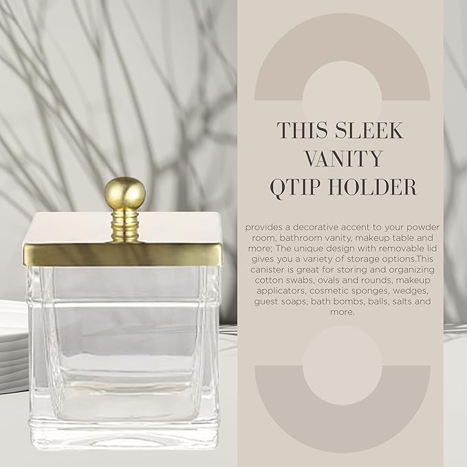 Clear Transparent Hotel Style Apothecary Tempered Glass Canister Jar W/ Gold Metal Lid Cover, Classic Countertop Organizer for Cotton balls/pads, Floss Picks, Makeup Storage