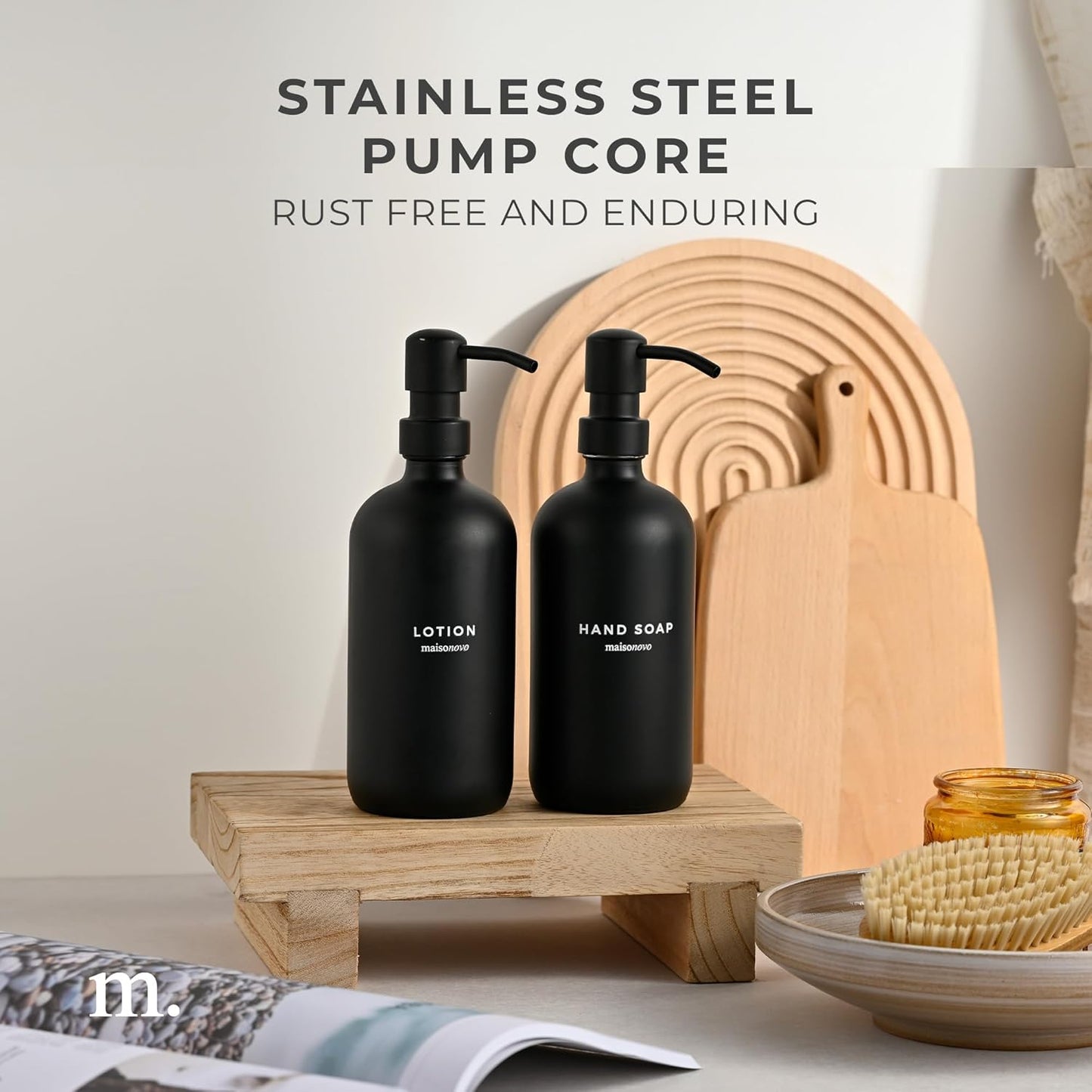 MaisoNovo Soap Dispenser 2-Piece Set | 16.9oz Black Bottles with Black Stainless Steel Pumps