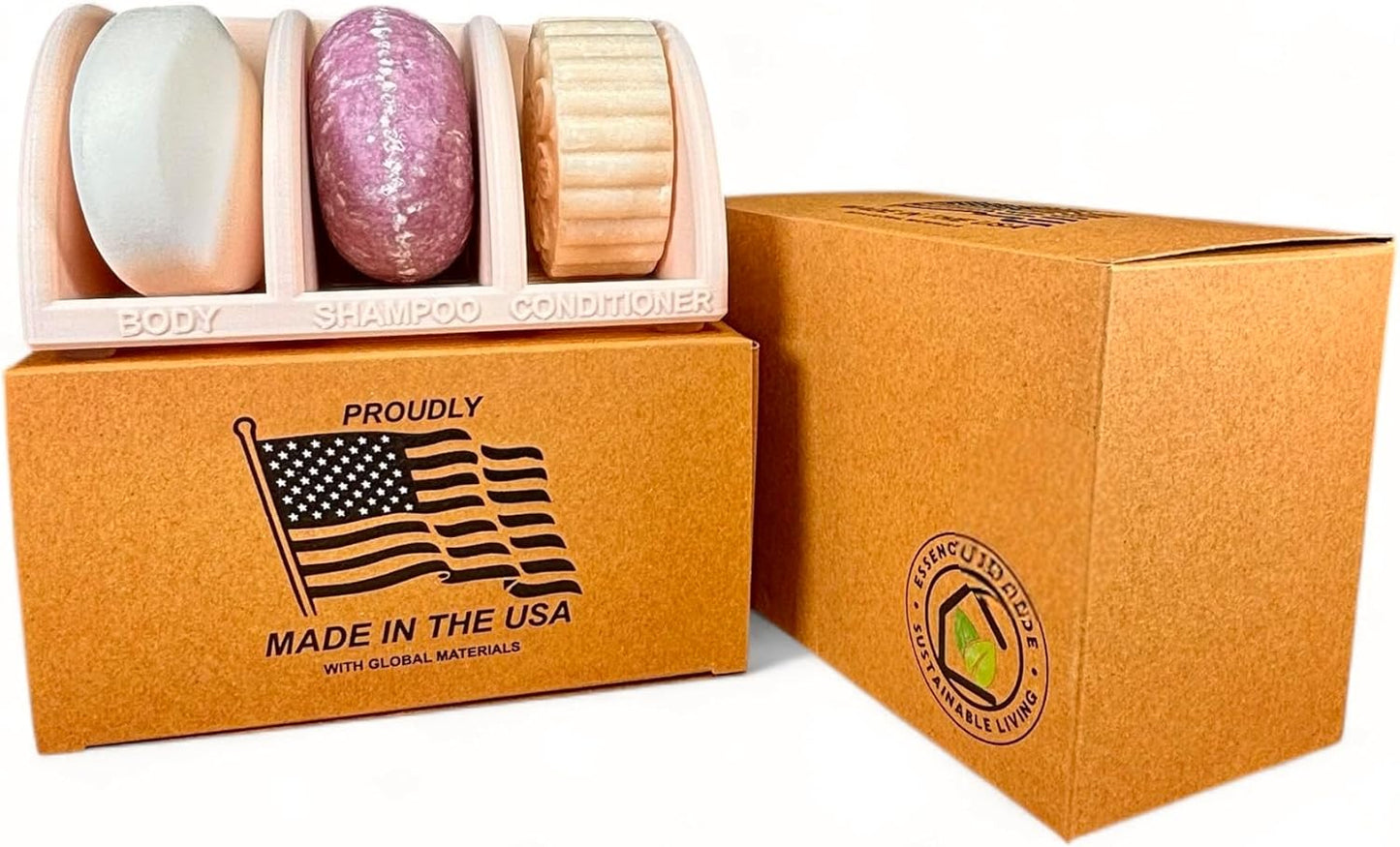 Essence & Abode Sustainable Living Solid Shampoo Holder – Multi-Bar Soap Dish with Drainage – Soap Bar, Shampoo Bar and Conditioner Bar Bathroom Organizer – Keeps Bars Dry & Lasts Longer (Beige)