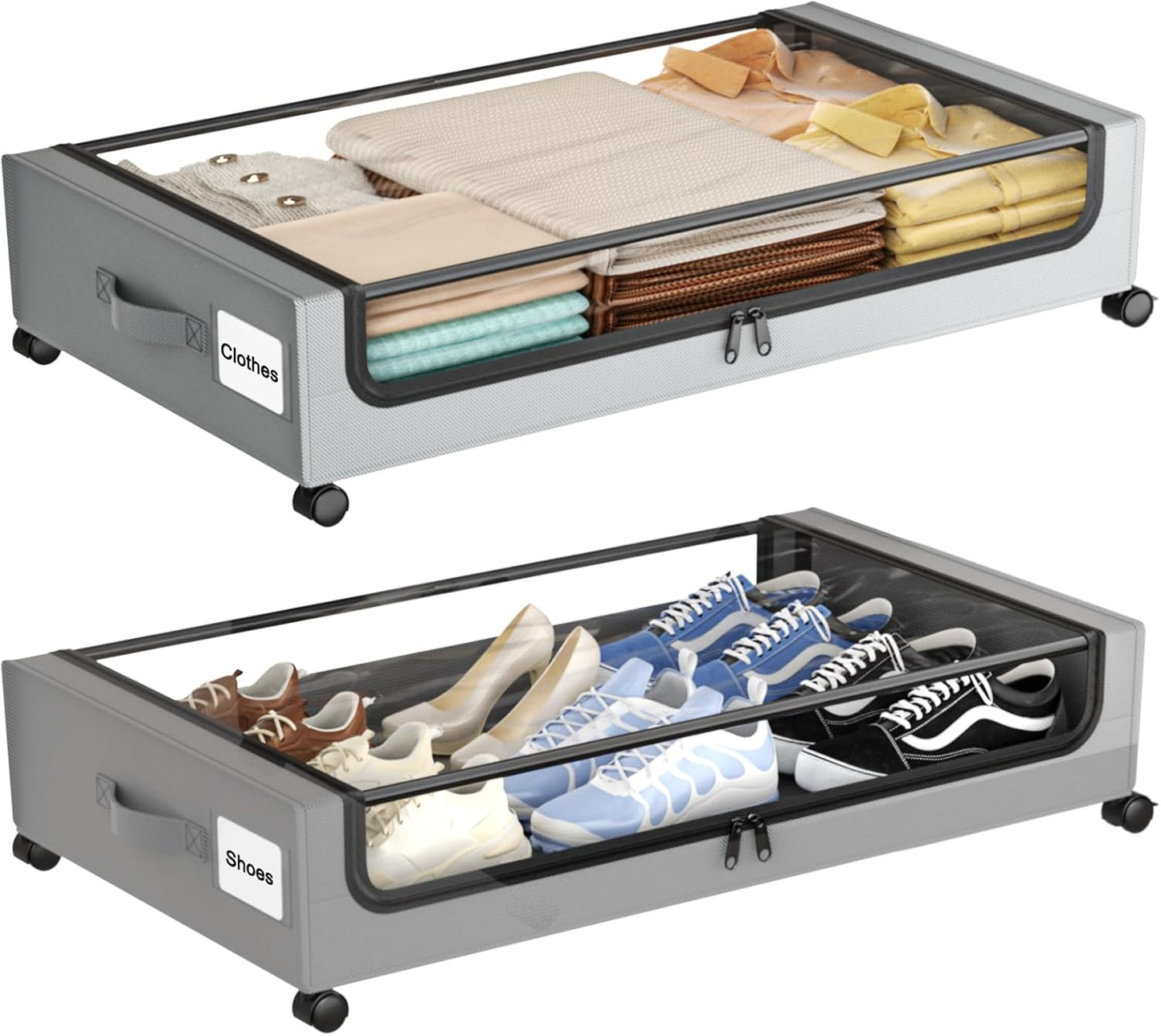 Under Bed Storage with Wheels,XXL 60L Under Bed Storage Containers with Clear Lids, Rolling Under Bed Metal Drawer for Clothes, Shoes,Toys(Gray, 2 Pack)