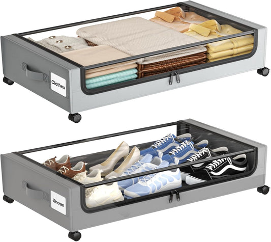 Under Bed Storage with Wheels,XXL 60L Under Bed Storage Containers with Clear Lids, Rolling Under Bed Metal Drawer for Clothes, Shoes,Toys(Gray, 2 Pack)