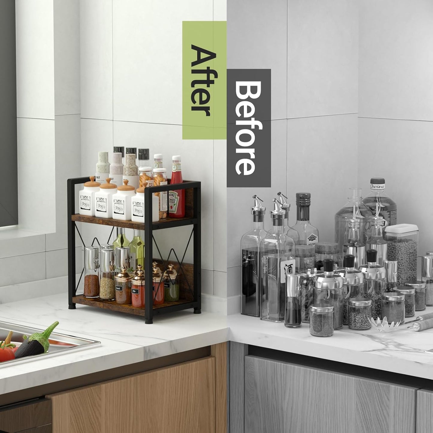 Aduanbang Coffee Bar Accessories Organizer, 2 Tier Wooden Kitchen Counter Shelf, Coffee Organizer Station for Countertop, Condiment Rack for Mugs, Cups, Cream, Syrup