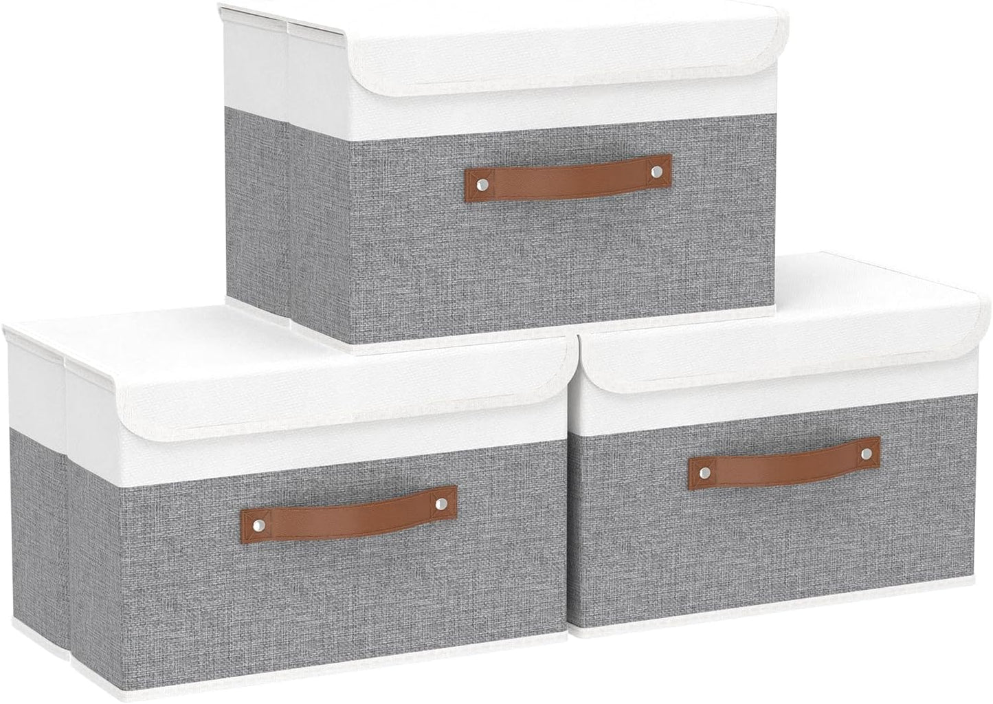 Yawinhe Storage Boxes with Lids, Linen Fabric Bin, Cube Organizer Basket, Washable and Leather Handle, for Home, Closet, White/Grey, 15.0''Lx9.8''Wx9.8''H, 3-Pack, USNK024WGL-3