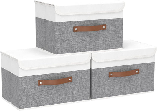 Yawinhe Storage Boxes with Lids, Linen Fabric Bin, Cube Organizer Basket, Washable and Leather Handle, for Home, Closet, White/Grey, 15.0''Lx9.8''Wx9.8''H, 3-Pack, USNK024WGL-3