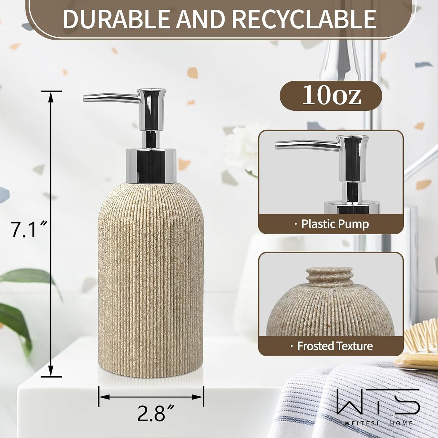 Hand Soap Dispenser for Bathroom and Kitchen Countertop, 10 oz Resin Soap and Lotion Dispensers Set with Plastic Rust Proof Pump, Boho Refillable Liquid Dish Soap Dispensers Bottle,Beige