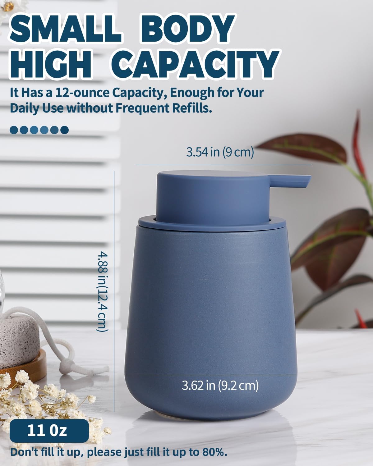 Bosilunlife Ceramic Foaming Soap Dispenser - 12oz Nave Blue Foam Hand Wash Dispenser Bathroom Countertop Soap Dispensers Kitchen Dish Soap Pump Dispenser Liquid Soap Dispenser for Bathroom