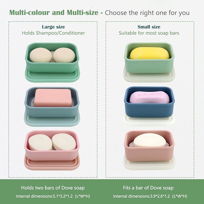 OLAMAR Solid Shampoo Bar Holder,Silicone Travel Soap Case,Enhanced Leak Proof Soap Container with Drainage Layer Soap Holder, Suitable for Bathroom,Camping and Gym (Green, Large)