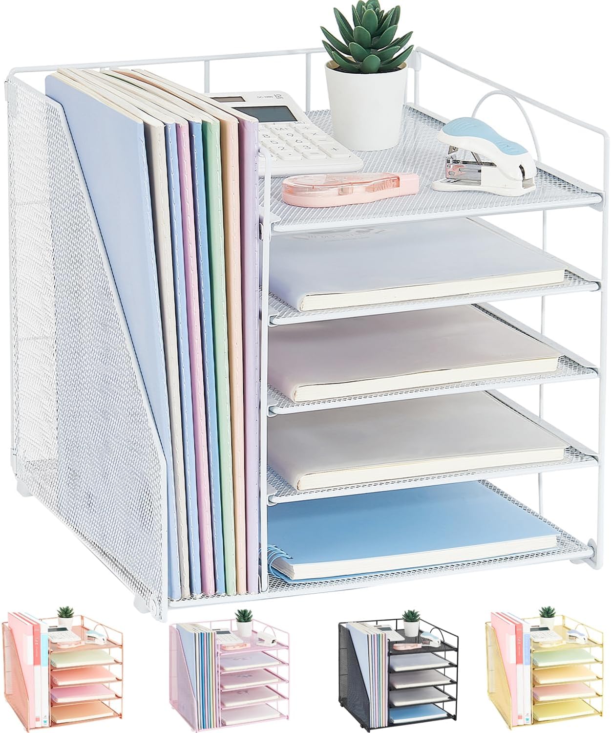 Desk Organizers and Accessories, 5-Tier Paper Letter Tray Organizer with File Holder, Desktop Organizer for Office Supplies (White)
