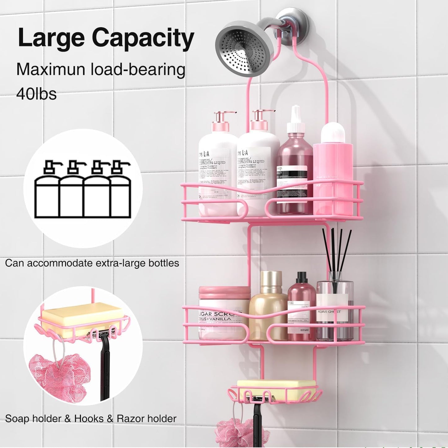 Pink 3-Tier Over Head Shower Caddy with Soap Holder & 6 Hooks - Hanging Shower Caddy for Bathroom Organizer