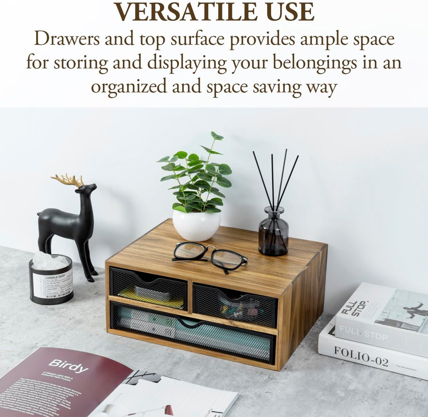 MyGift Premium Acacia Solid Wood Desktop Organizer Box with 3 Removable Black Metal Mesh Trays, Rustic Office Desk Supplies Storage Drawers for Accessories