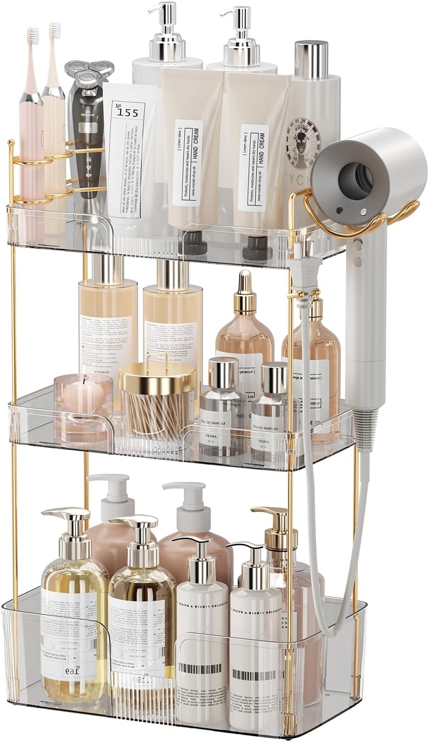 3 Tier Bathroom Organizer Countertop Makeup Perfume Tray Skincare Organizer Comes with Hair Dryer Rack and Toothbrush Holder for Bathroom Dresser Vanity (White)