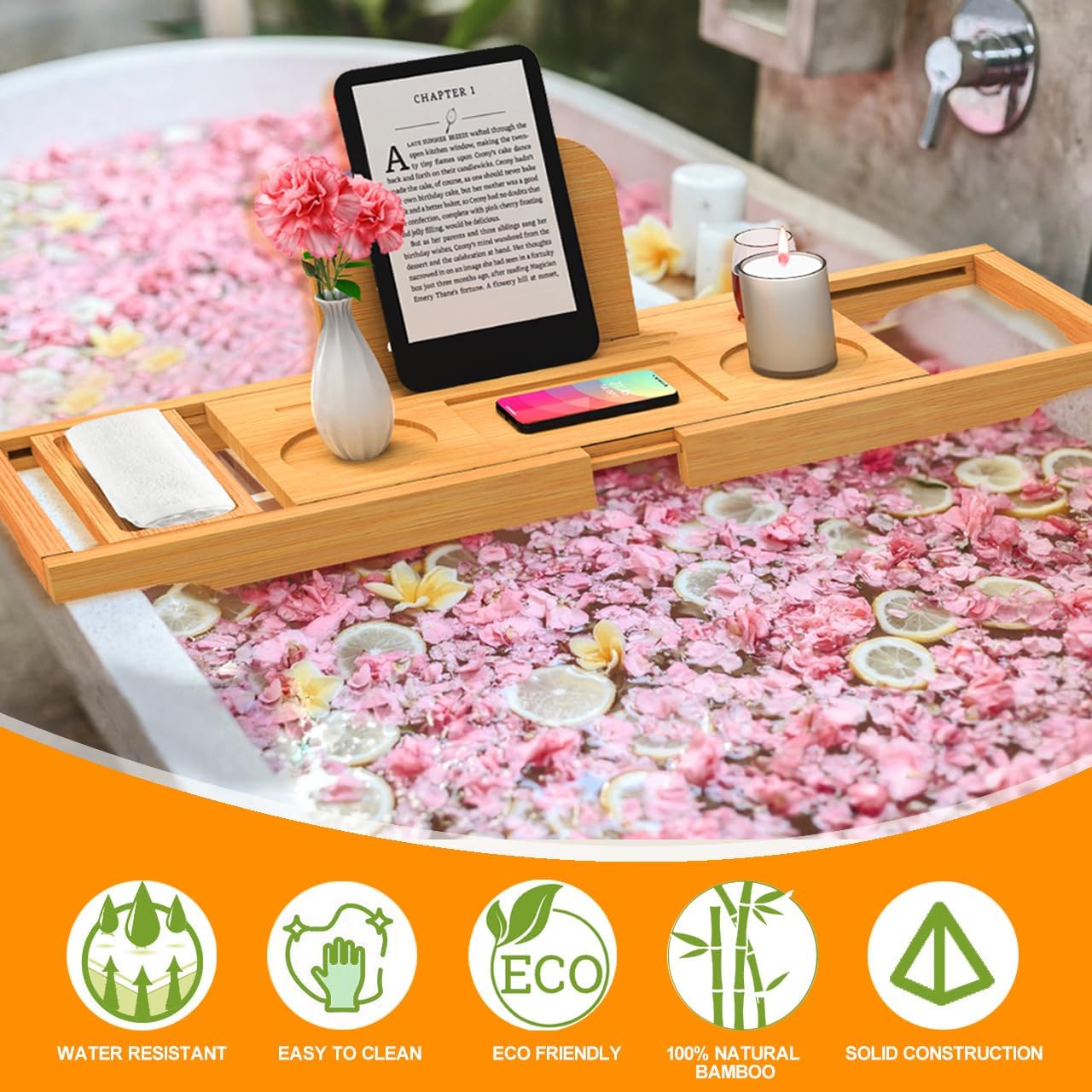 Premium Bamboo Bathtub Tray Caddy - Bath Tub Tray Table for Bathtub - Bath Caddy Tray for Bathtub, Expandable Size, Fits Most Bath Tubs