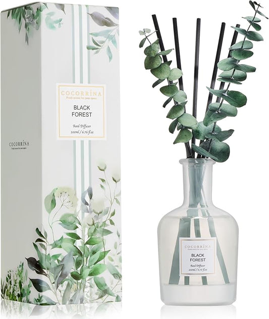 COCORRÍNA Black Forest Reed Diffuser – 6.76 oz Essential Oil with Sticks & Dried Eucalyptus Branches, Home Fragrance for Bedroom or Bathroom Décor