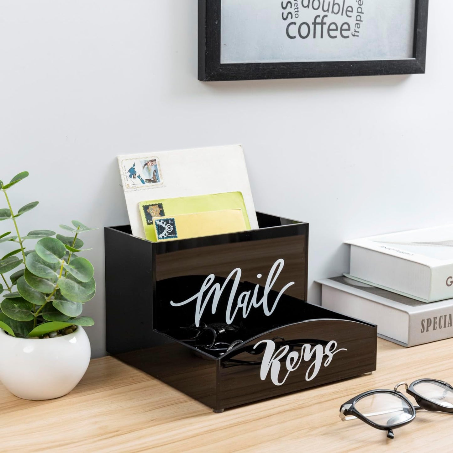 MyGift Modern Premium Black Acrylic Mail Holder and Key Organizer Entryway Storage Tray with Cursive MAIL and KEYS Word Design, Office, Dorm, Classroom Desktop Organizing Bin