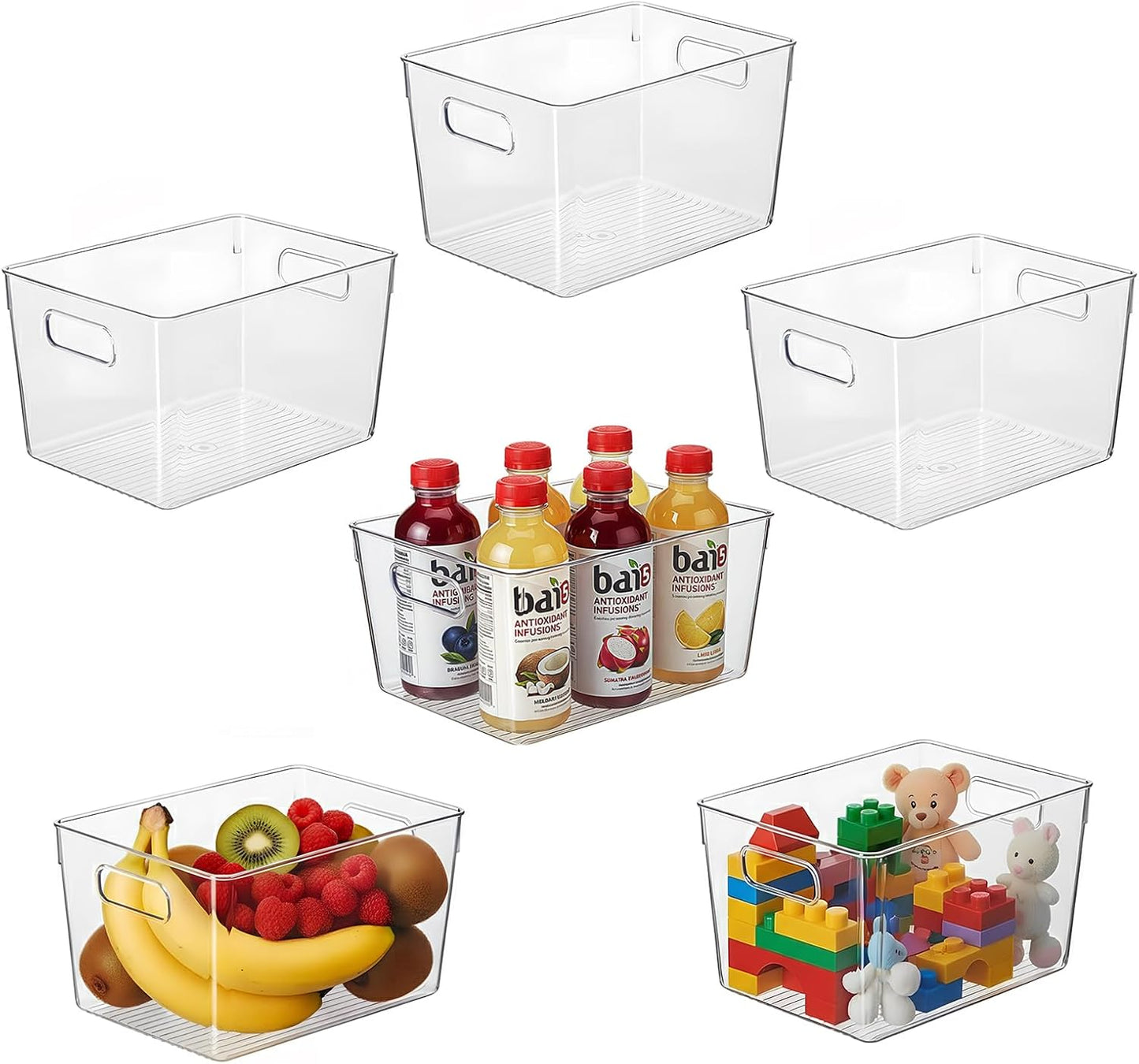Clear Pantry Organizer Bins, Storage Containers & Plastic Containers with Handle, Cabinet Organizer, Home Organization Must Haves for Kitchen, Laundry Room, Office, Closet & Freezer (6 Pack)