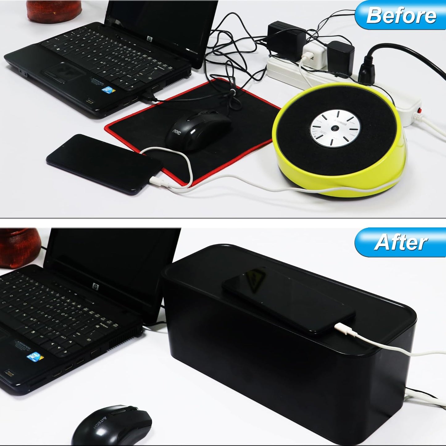 Power Strip Hider Box - Wire Storage Box for Extension Cord, Power Strips, and Surge Protector Wire Management. Cable Management Floor Outlet Hider Box (Large and Medium Sizes, Black)