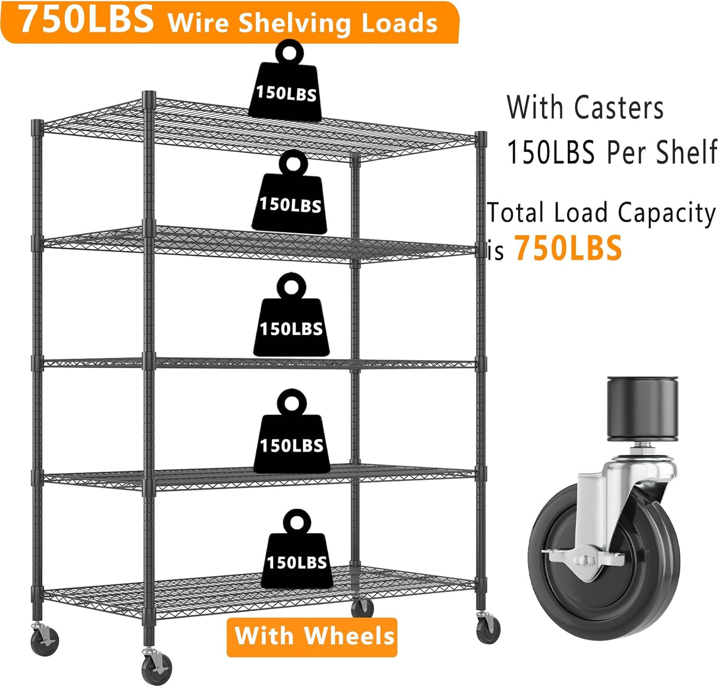 Himimi Storage Shelves 60"W Wire Shelving with Wheels 3250LBS Heavy Duty Metal Shelves for Storage, 5-Tier Adjustable Wire Rack Shelving Garage Shelving Kitchen Storage Shelves 24"Dx60"Wx82"H, Black