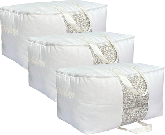 Soft Large Canvas Comforter Storage Bags with Four Carrying Handles and Clear Window, Closet Organizer for Clothing, Blankets Sheets Pillows and Bedding, 80L, 3 Pack, White