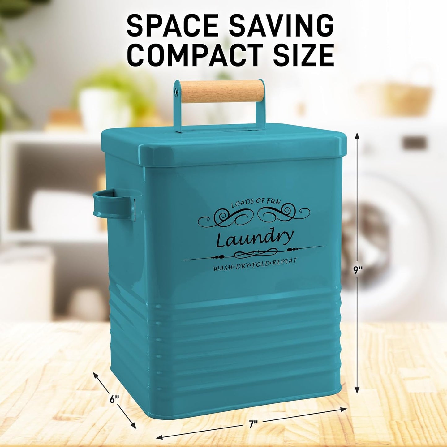 ELITAPRO Detergent Storage Container with Scoop & Lid- Modern Farmhouse Metal Powder Dispenser for Laundry Room Decor and Accessories (Teal)