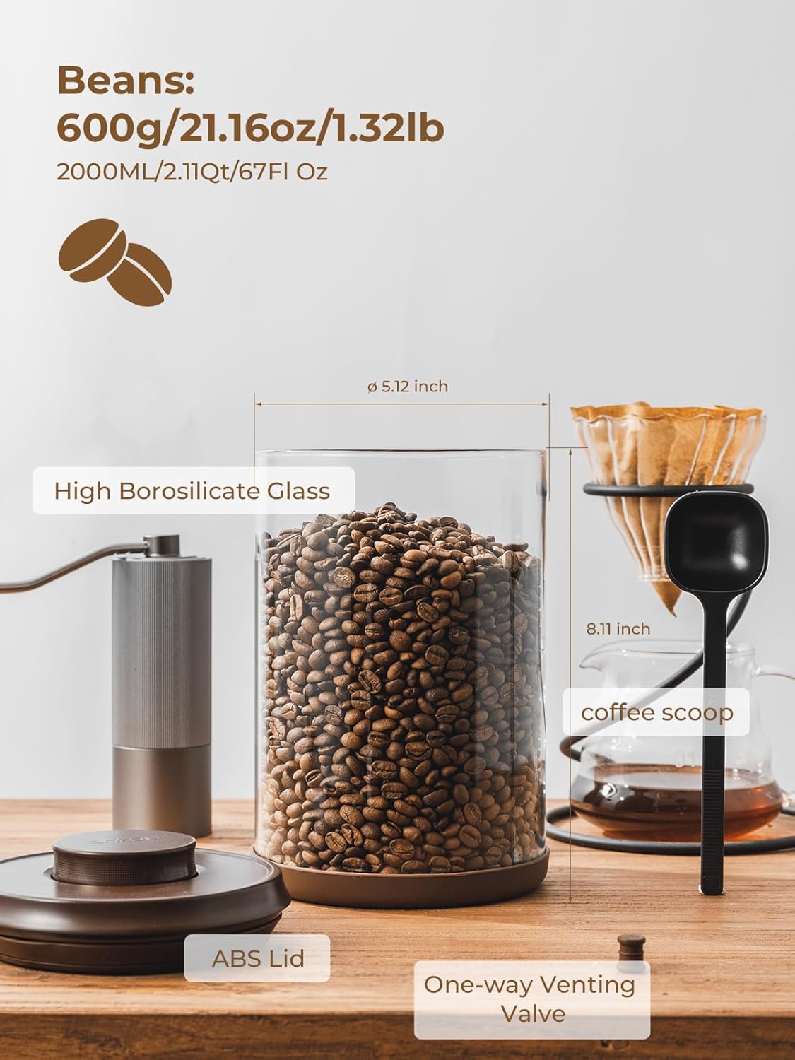 2 Pack Large Airtight Coffee Canisters with CO2 Valve - 21oz Borosilicate Glass Storage Containers for Fresh Coffee Beans & Grounds, with Air Tight Pop Lid