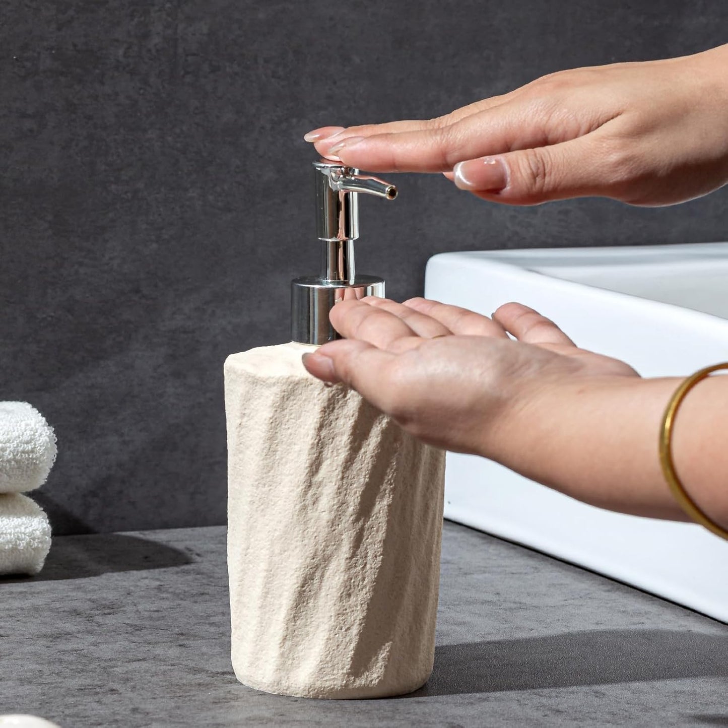 Bathroom Accessories Set, 4 PCS Modern Stone Look Bathroom Accessory Set with Hand Soap Dispenser 11.5 OZ, Tumblers, Toothbrush Holder, Bar Soap Dish Holder Saver (Yellow)