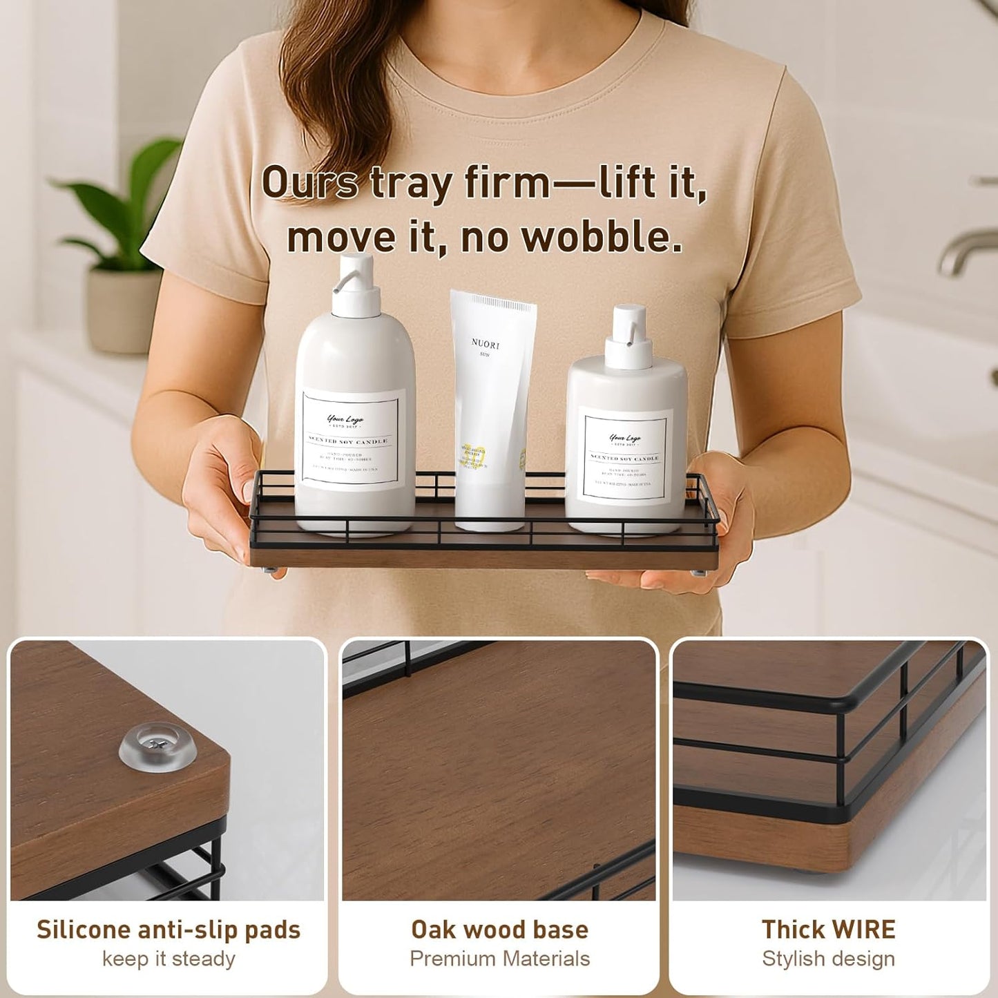 Bathroom Tray for Counter Top Organizer – Oak Wood Vanity Tray with Metal Frame for Dresser, Kitchen, Nightstand – Black & Brown Decorative Storage