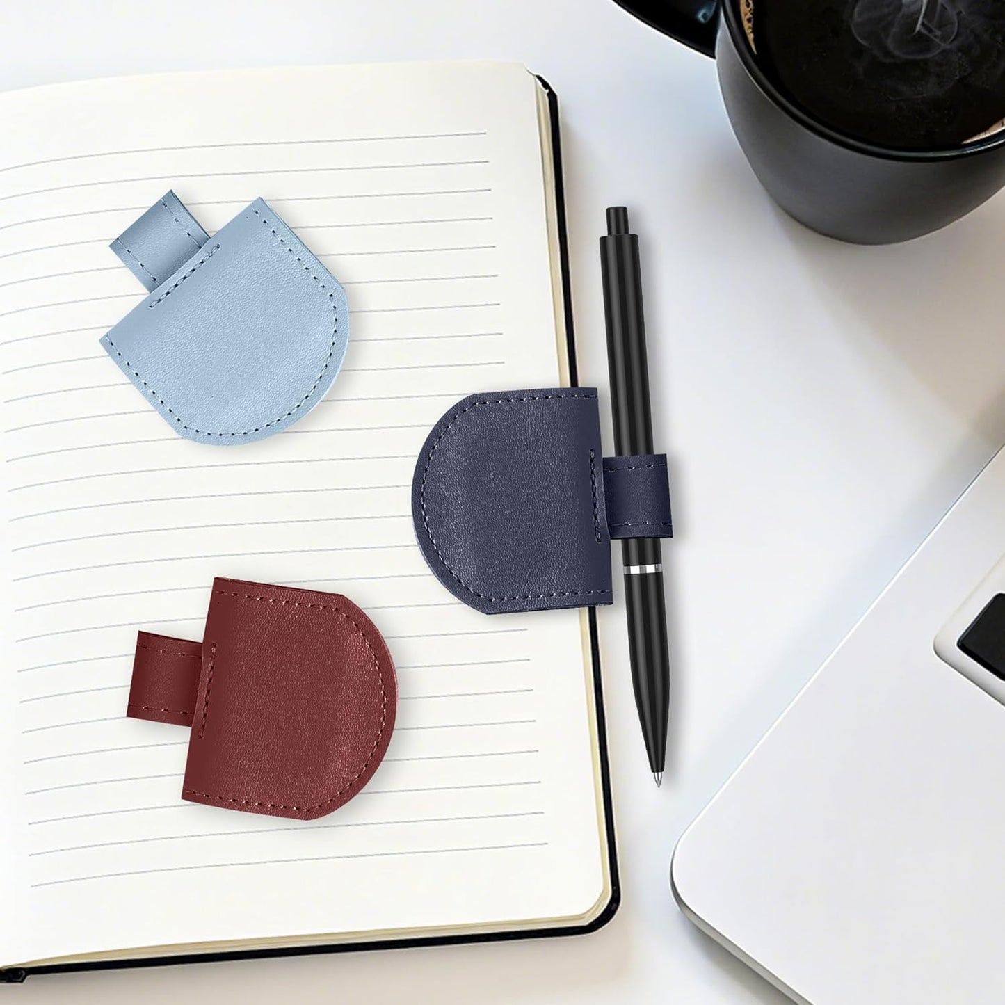 Magnetic Pen Loop Holder, Pencil Holder for Notebooks, Journals, Calendars, PU Leather 3 Pack
