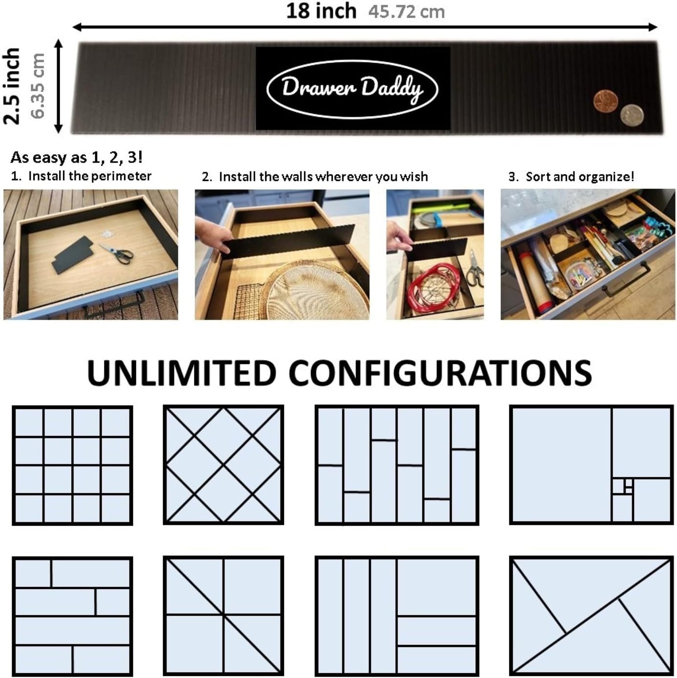 DRAWER DADDY Adjustable drawer dividers. The world’s most customizable drawer organizer for the kitchen, bathroom, desk, toolbox, and more. Installs in minutes; lasts a lifetime.