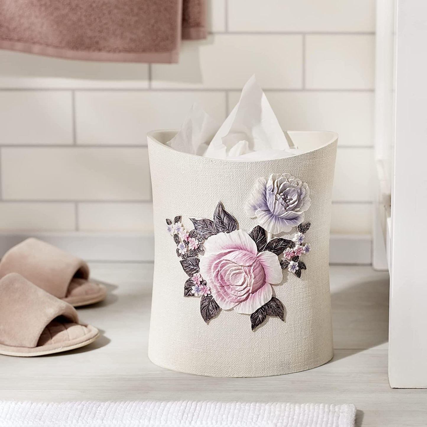 Zahari Home 2pc Michelle Bathroom Set Waste Basket & Tissue Cover Modern Classic Decor Stylish Unique Design Beautiful Floral Bathroom Accessories Set