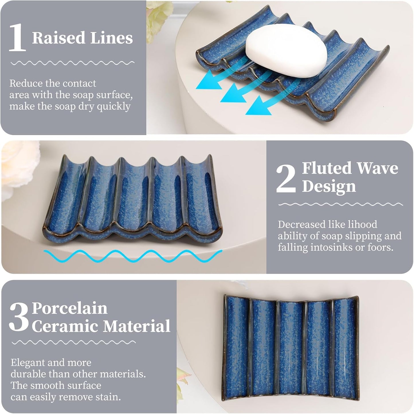 Ceramic Soap Dish, Bar Soap Holder with Self Draining Design, Large Soap Tray for Shower, Sink, Countertop, Bathroom & Kitchen, ANTIS'S HOME (Blue)