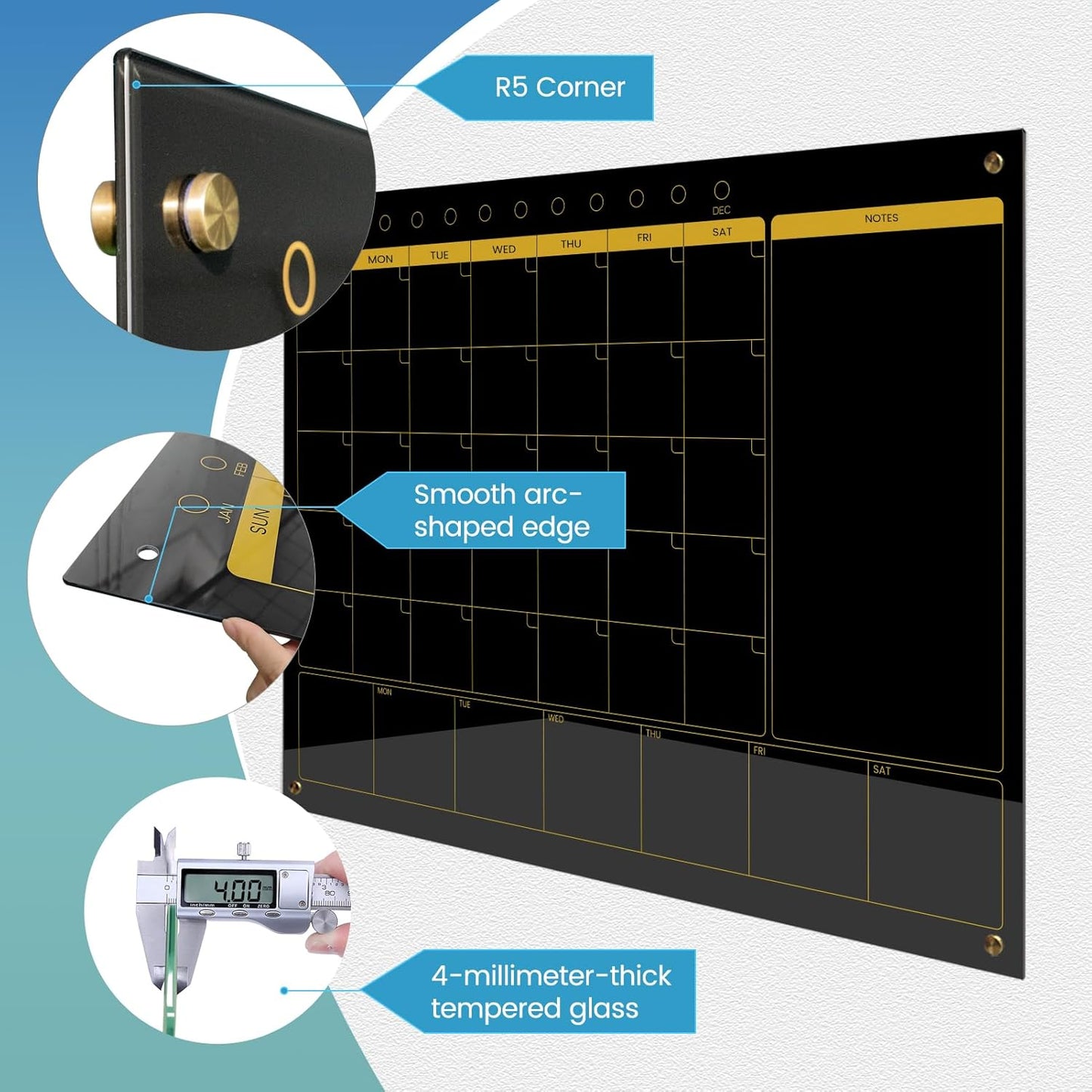 Magnetic Glass Blackboard Calendar 48"x36" Monthly Glass Dry Erase Board for Wall Planner GlassBlack Board Calender Wall Mounted for Office School Home(Black)