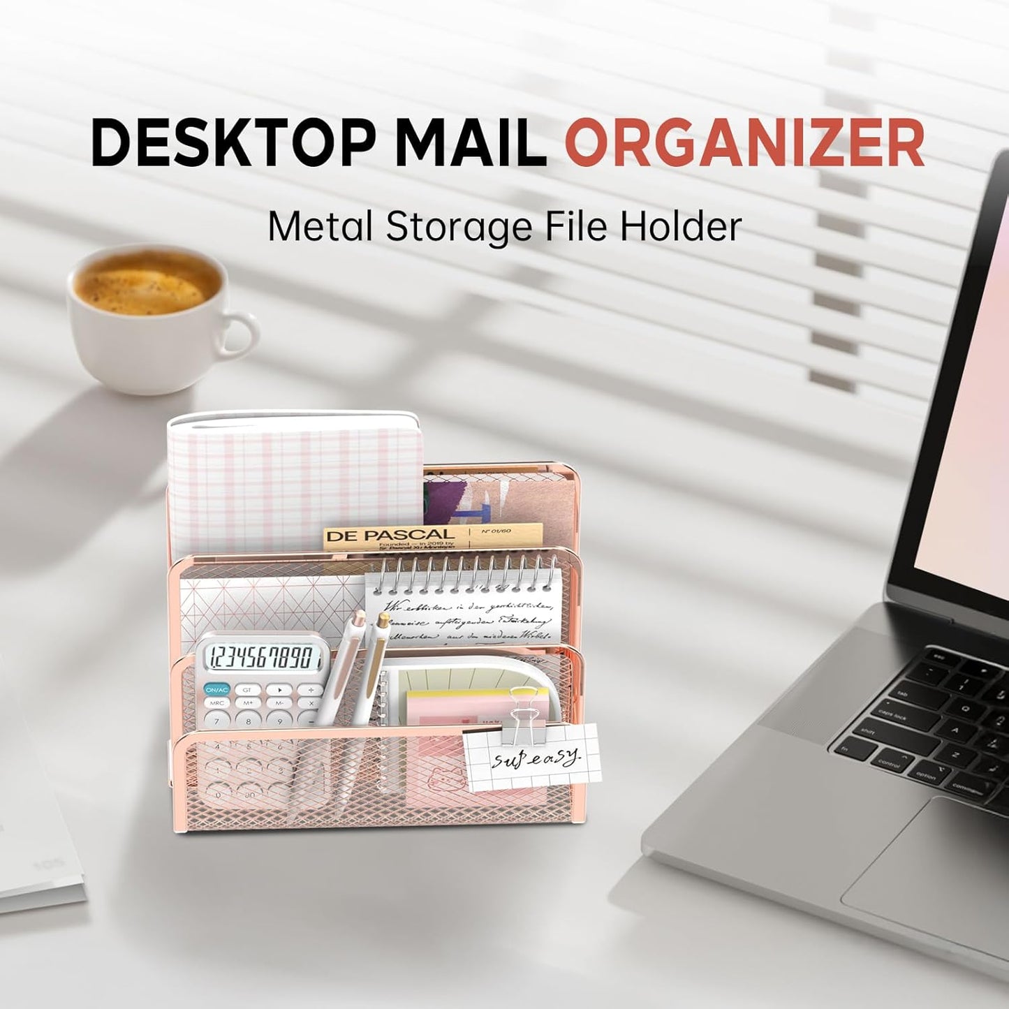SUPEASY Mail Organizer for Desk, Mesh Metal Mail Holder Countertop with 3-Slot, Letter Sorter File Holder, Office Envelope Organizer for Mails (Rose Gold)