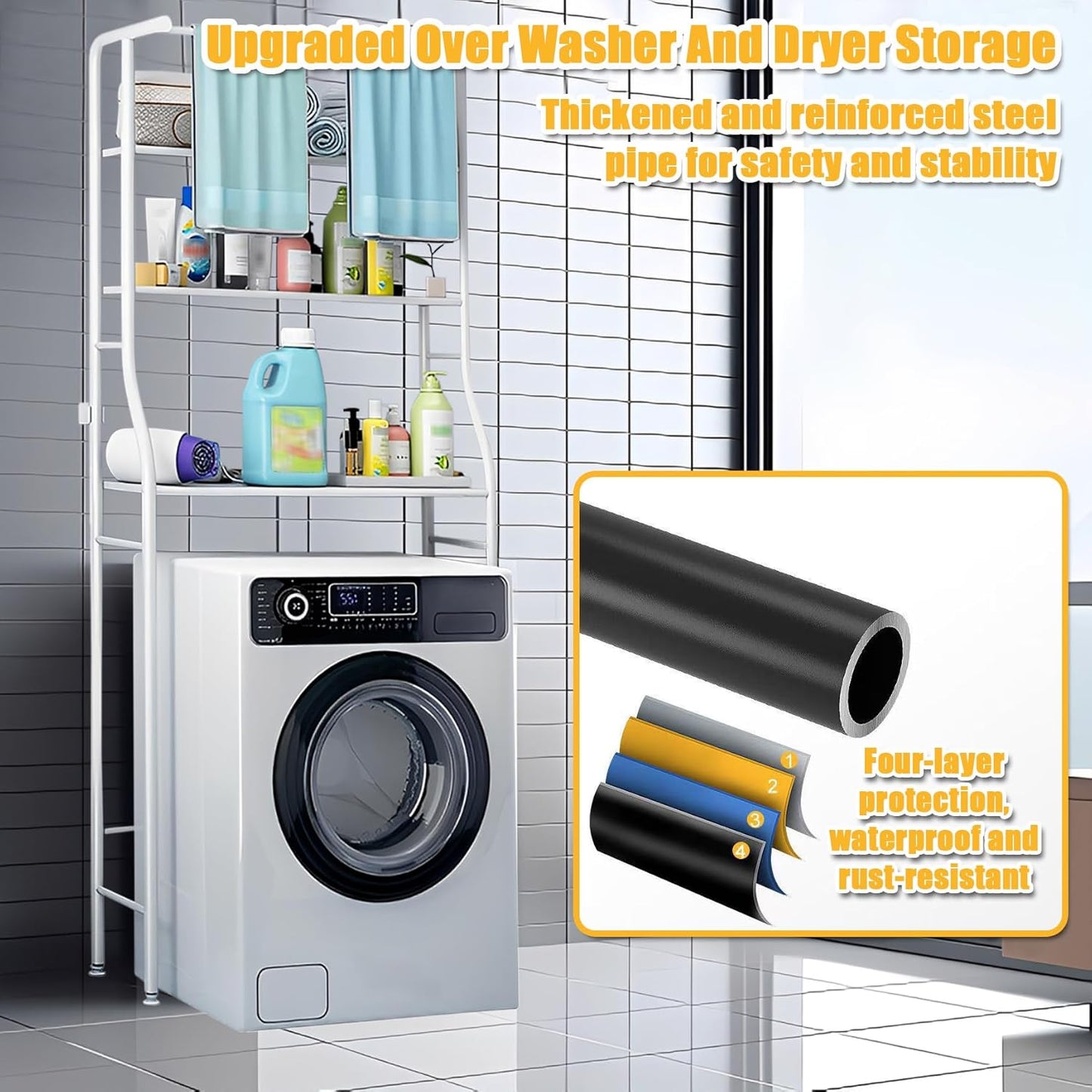 Over The Washer And Dryer Storage Shelf, 3-Tiers Over Dryer Storage Organizer for Space-Saving, Over Dorm Fridge Shelving Unit for Laundry Room Bathroom (Black)