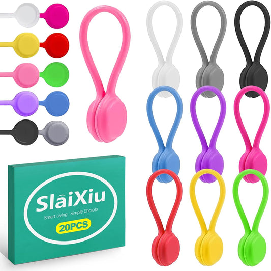 slaixiu 20PCS Reusable Magnetic Cord Ties - Flexible Silicone Cable Organizer with Anti-Slip Straps for Charging Cables, Home & Office Use