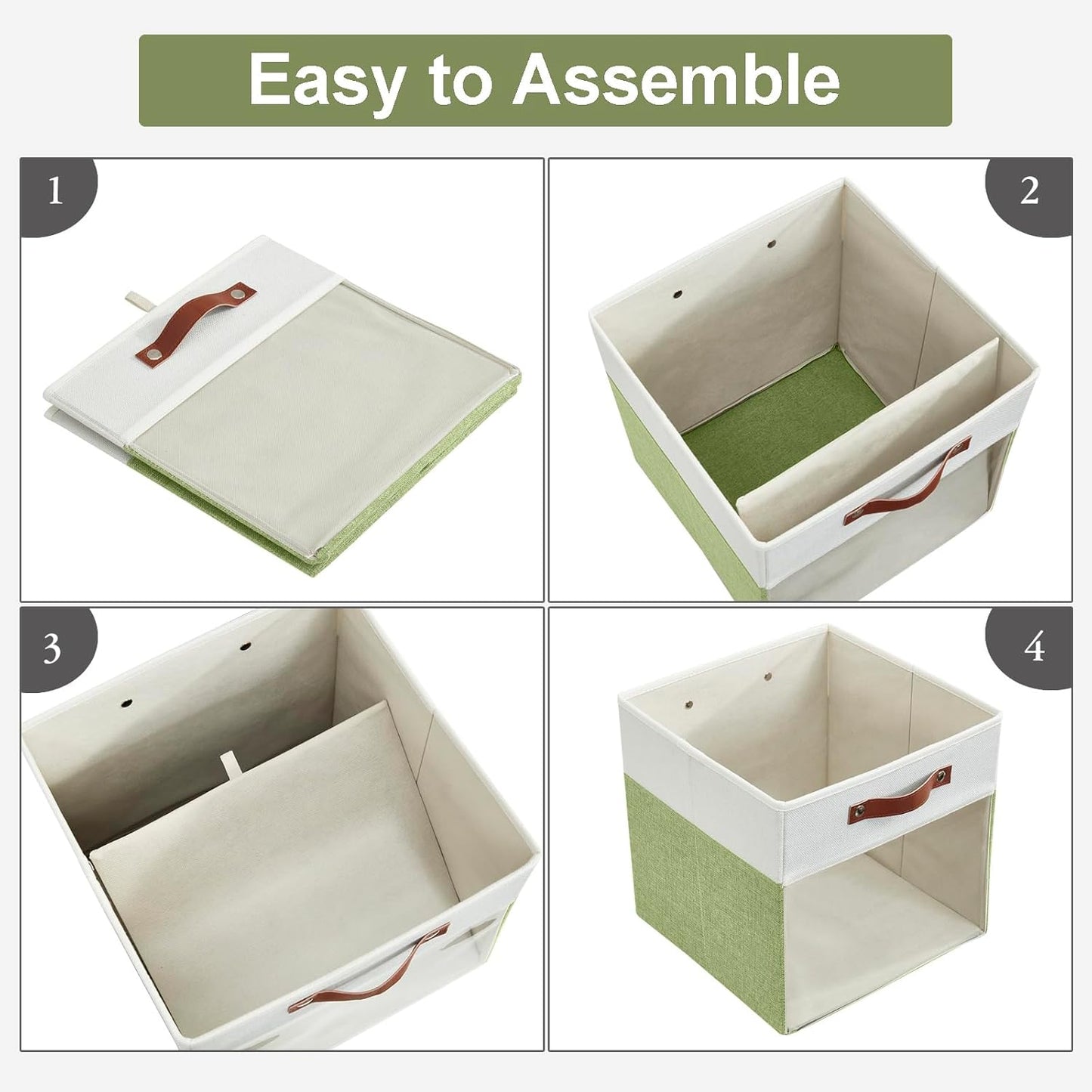 Storage Cubes, 4 Pack Linen Foldable Storage Bins (13 x 13 inch) with Clear Window and Handles, Fabric Organizer for Shelf Closet, Clothes, Books - (Green and White)
