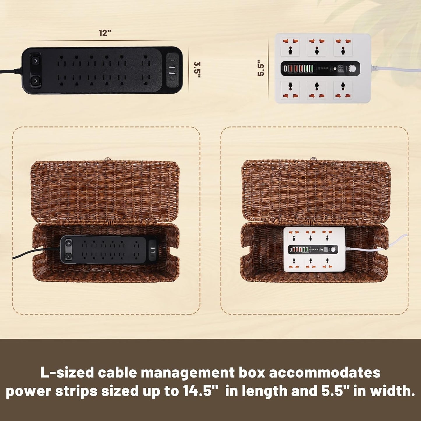 BROWNLILY Cable Management Box, Rattan Style Cord Organizer for Desk Cord Hider Outlet Covers Baby Proofing for Power Strip TV PC Router Charger Under Desk Storage with Lockable Lid and Cable Ties