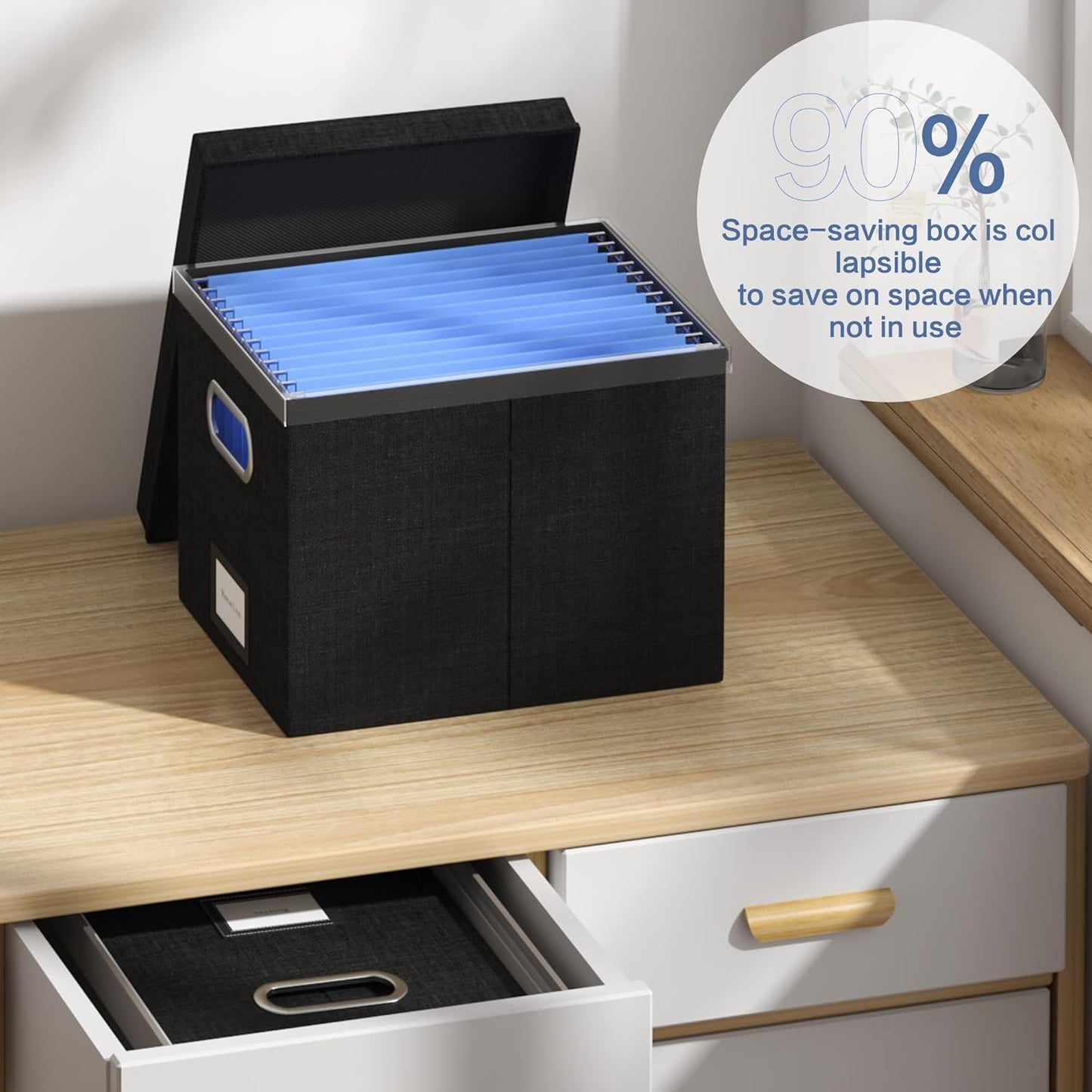 File Organizer Box - File Boxes for Hanging Files with Lid Set of 3 Decorative Hanging Folders Organizer with One-Piece Plastic Frame Slides (Black, 13.2 * 10.1 * 10.1in(2Pack))