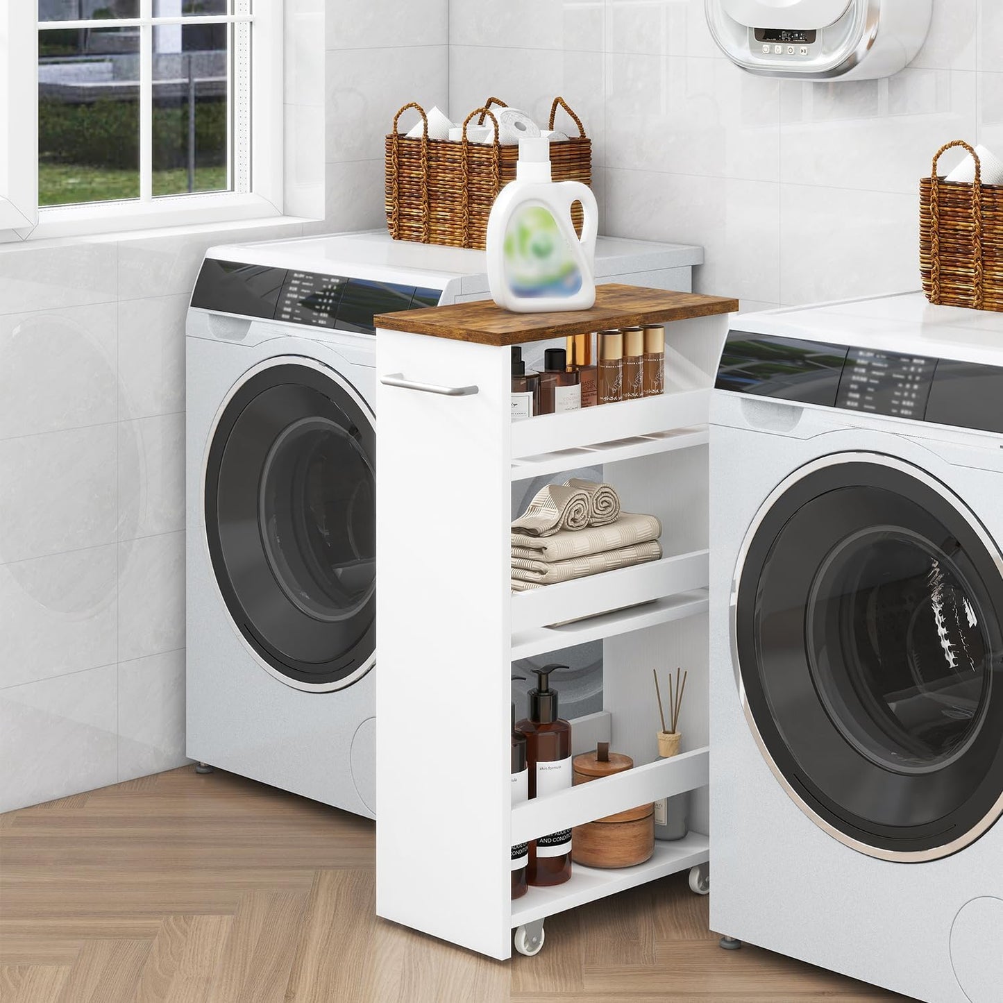 IBUYKE Slim Storage Cart 7.9" W, Rolling Kitchen Storage cart on Wheels for Small Spaces, 4-Tier Laundry Cart with Handle, Slide Out Utility Cart for Kitchen, Bathroom, Laundry,White UWST005W-L