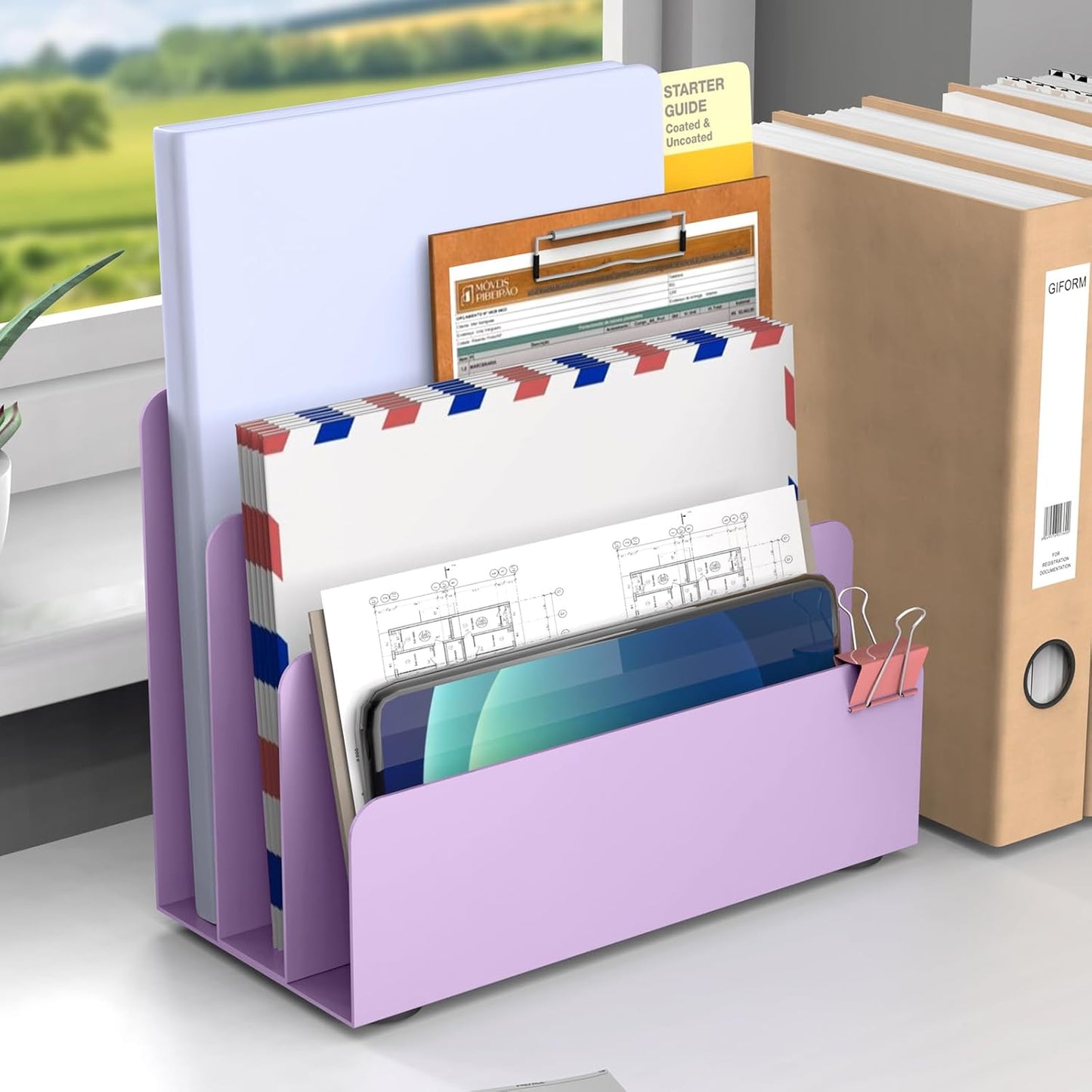 Mail Organizer Countertop, Small Desk File Organizer, Metal File Holder - Essential Workspace Organizers for Office Desk, Home Office (Purple)