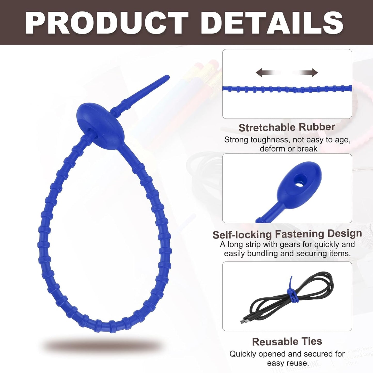 uxcell 20 Pcs Silicone Ties Bag Clip, 8.5 Inch Multi Purpose Silicone Zip Ties Reusable Rubber Zip Tie, Cable Strap Cord Organizer for Home Office Food Bag Wires Cables, Black Blue