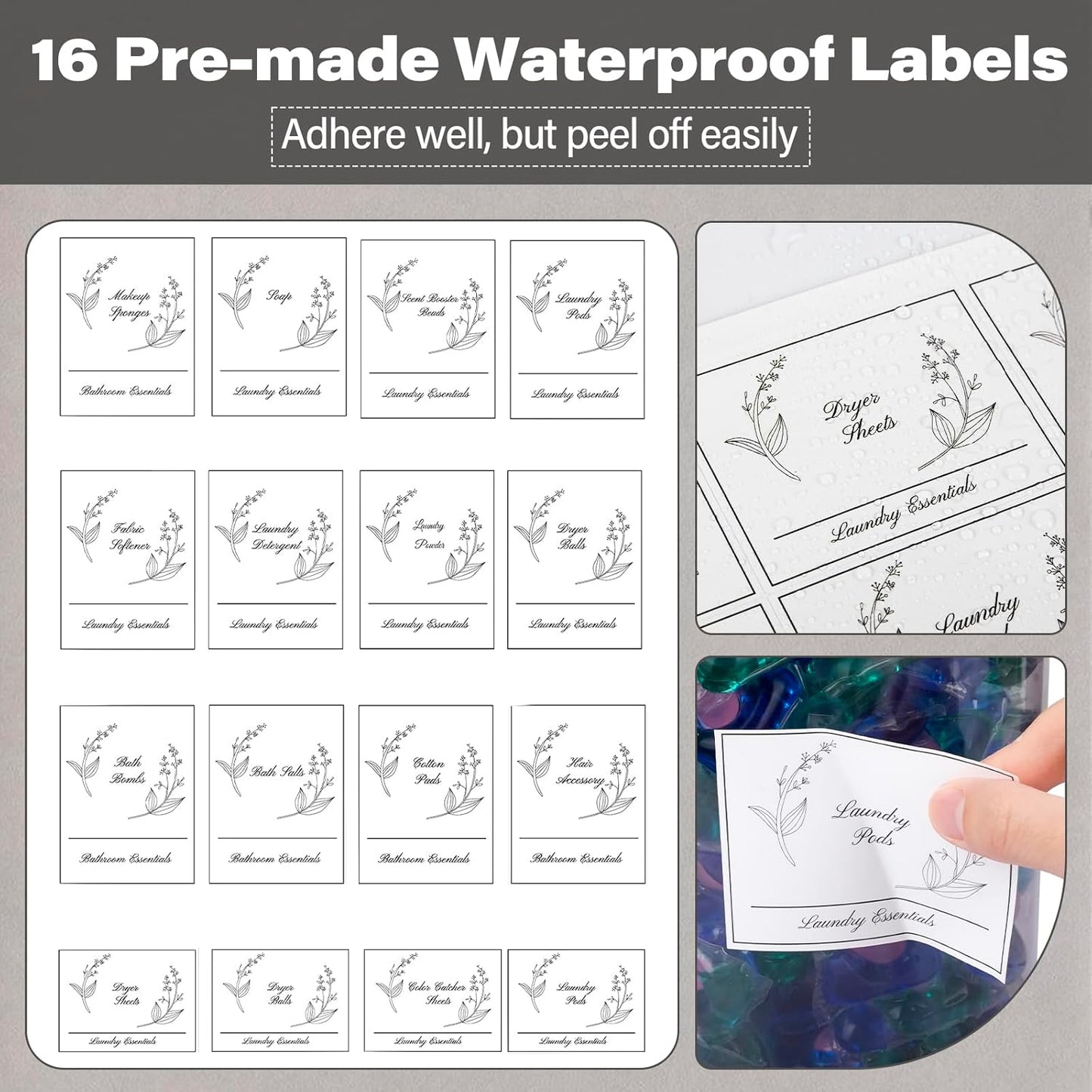 3 Pack Plastic Laundry Powder Container & Dryer Sheet Holder with Lids, Labels & Scoops - Laundry Detergent Organizer and Storage Jars for Pods,Beads, Soap, Scent Booster (Clear Grey)