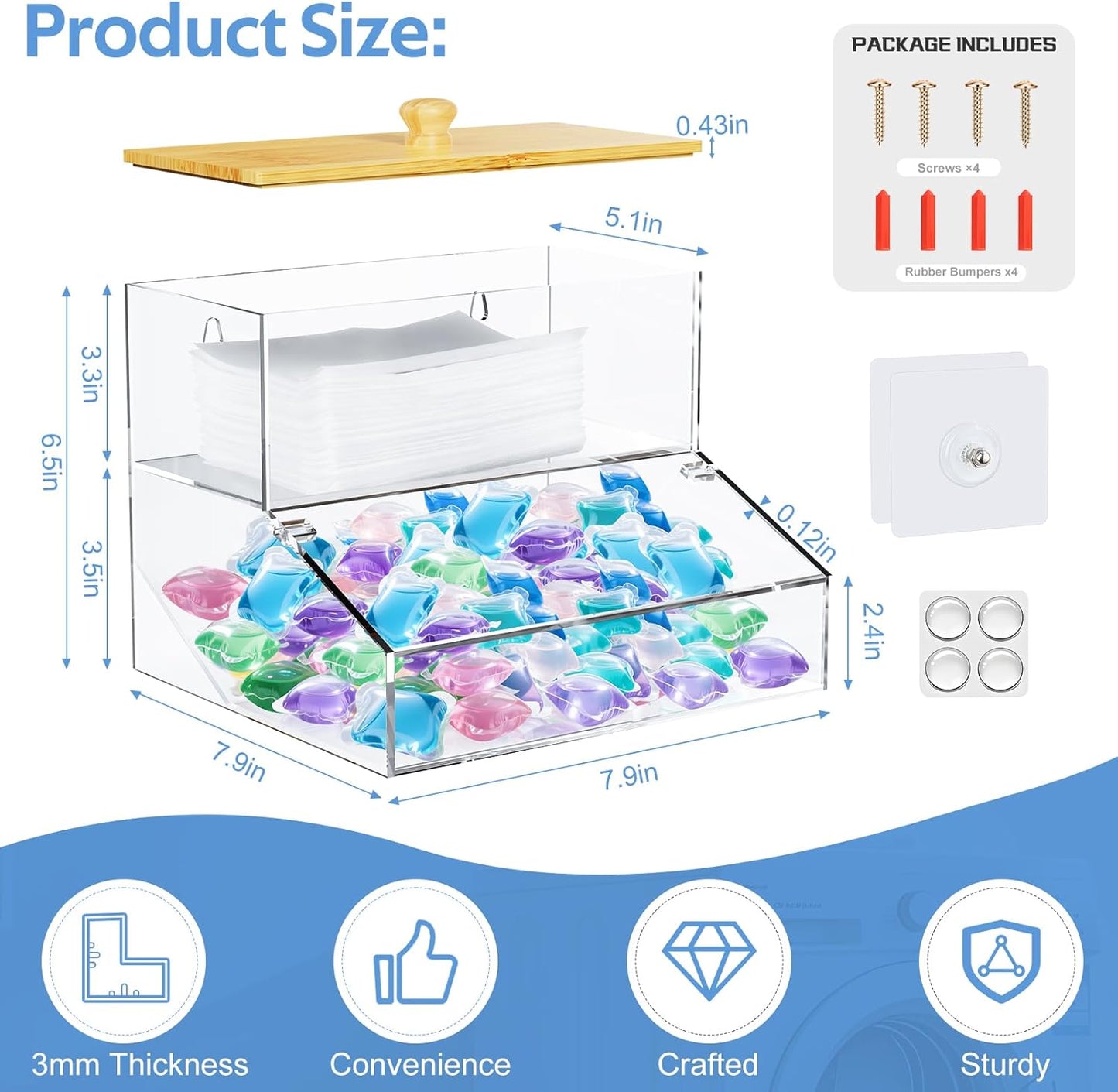 JYPS 2-in-1 Laundry Organizer with Large Capacity: Double-Layer Transparent Acrylic Storage Box with Bamboo Lid for Pods, Dryer Sheets & Supplies