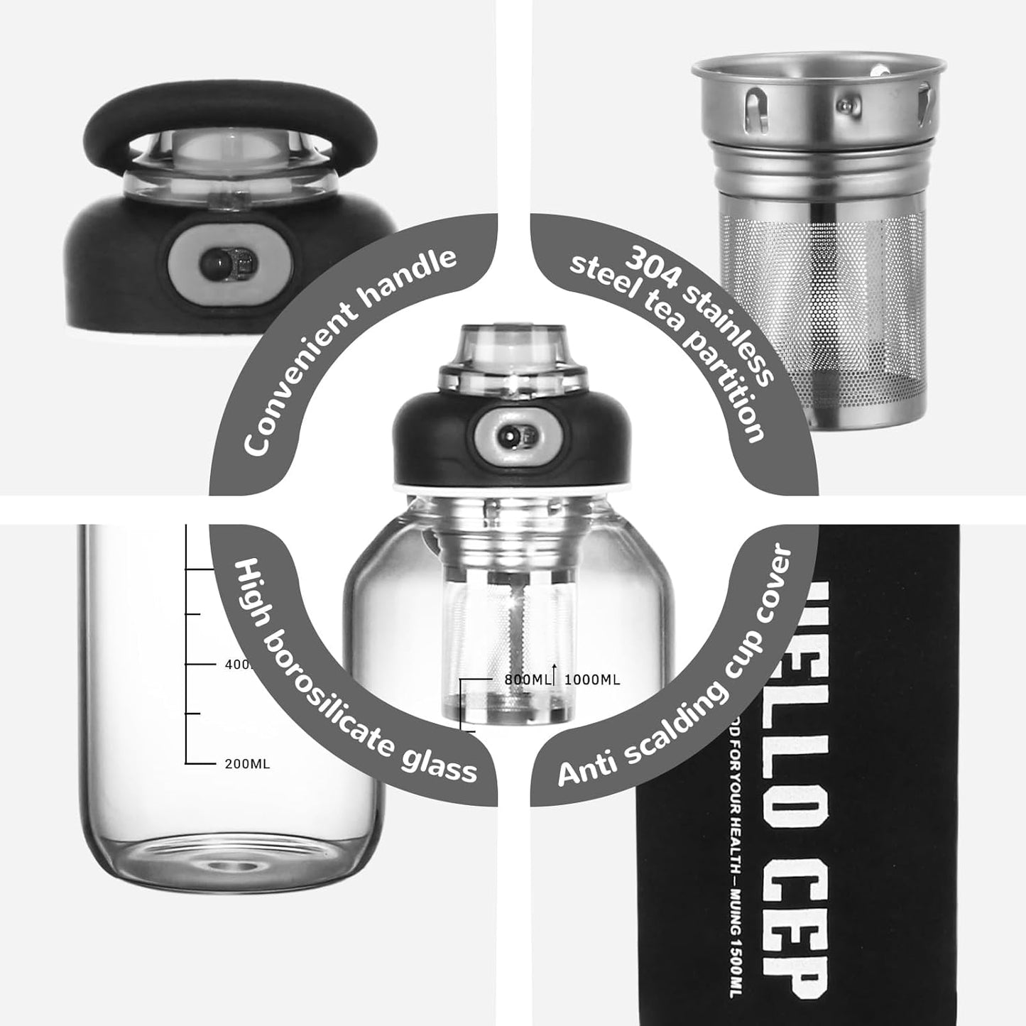 34oz Glass Water Bottle with capacity Mark & Stainless Steel Tea Strainer-Large Capacity for Hot/Cold Drinks,Coffee,Tea,and Water-Includes Protective Sleeve,Perfect for Home,Office (34oz4PCS)