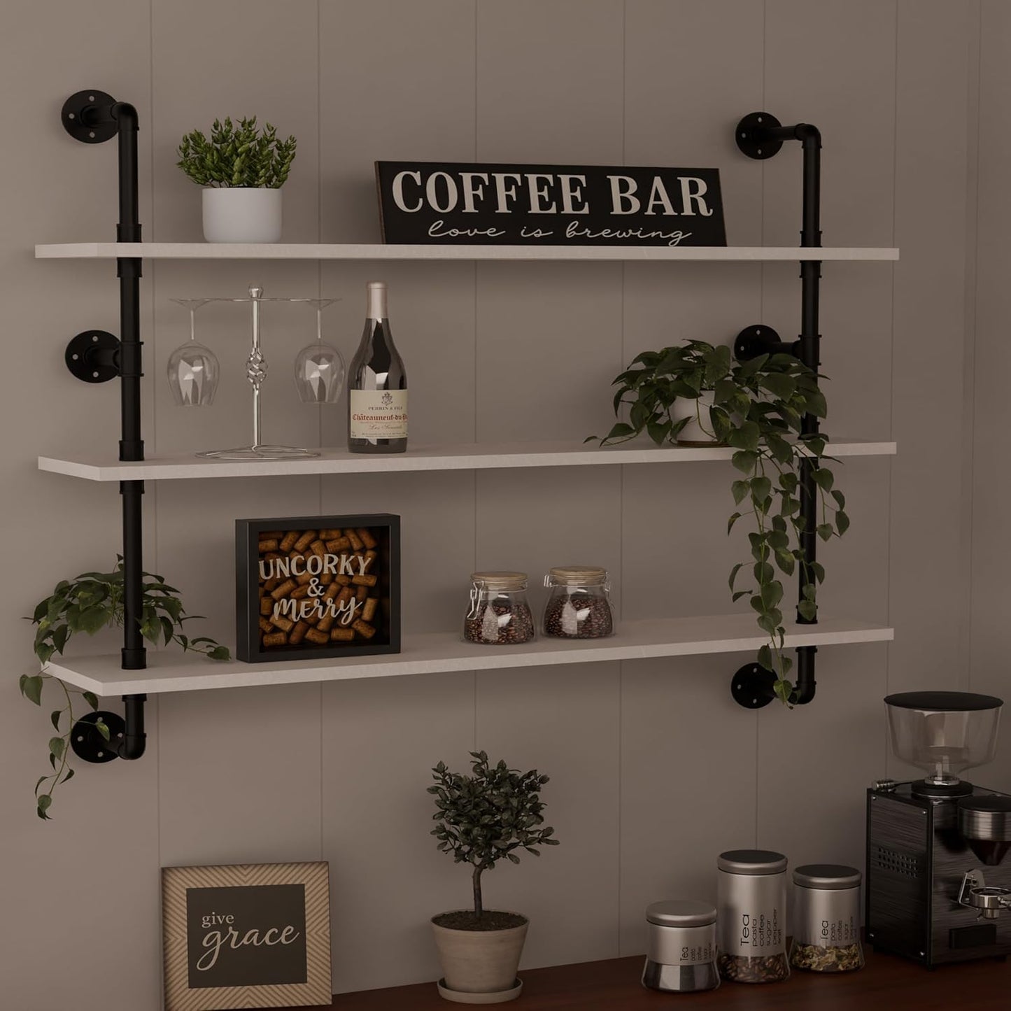 Industrial Pipe Shelving Rustic White Pipe Wall Shelves Industrial Shelves with Wood Planks Floating Shelves 48 Inch Farmhouse Bathroom,Kitchen Shelving Wall Mounted