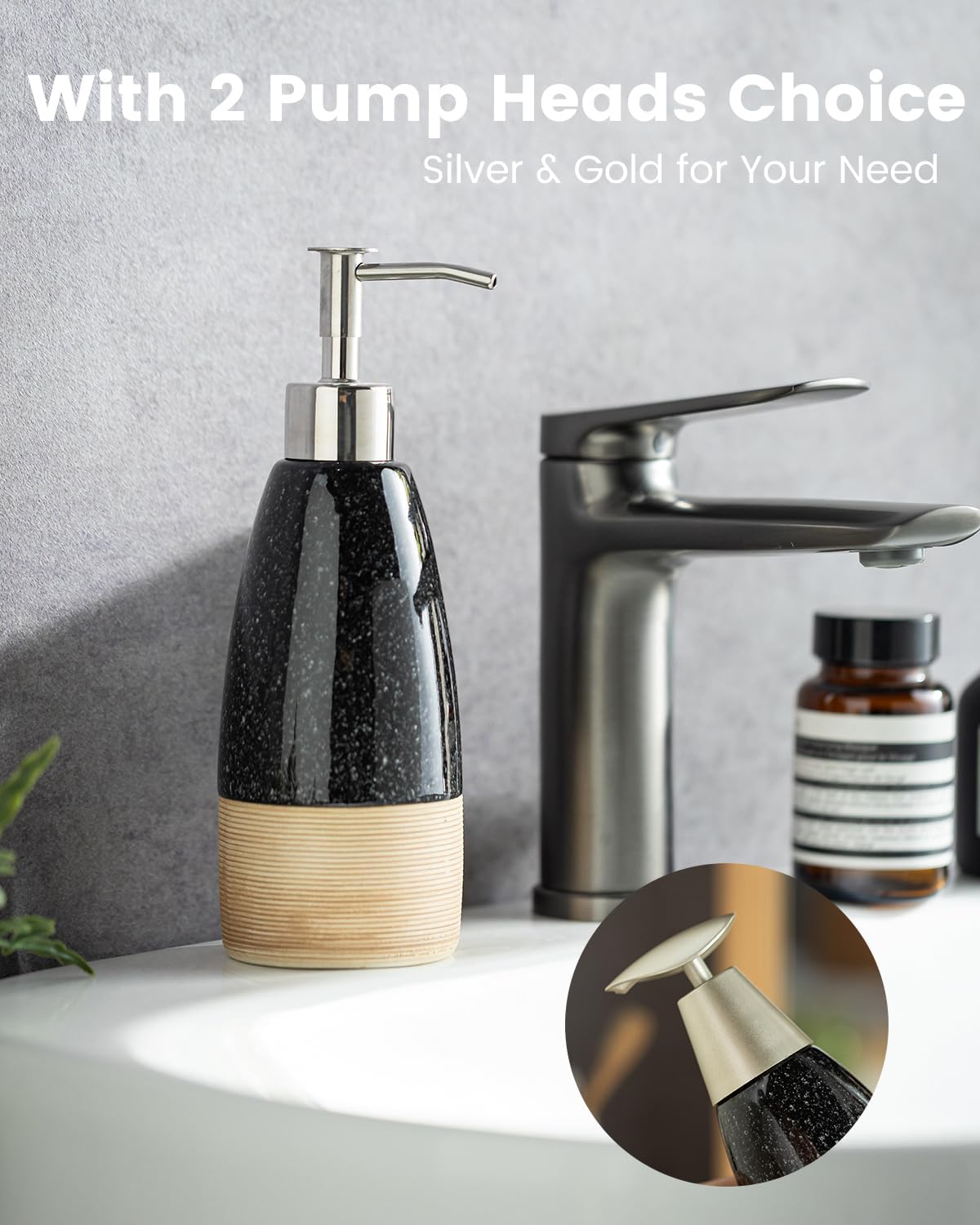 Ceramic Dish Soap Dispenser with 2 Pumps for Hand Soap, Shampoo, Lotion, Conditioner, 12 oz Refillable Soap Bottle with Silicone Funnel for Thanksgiving Chiristmas Bathroom & Kitchen, Black