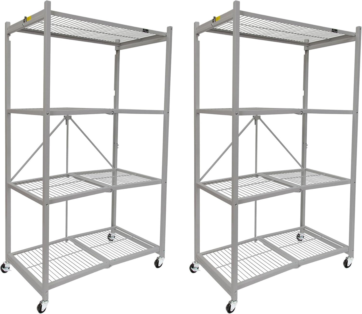 Origami 2 Pack 4 Tier Foldable Metal Garage Storage Shelf Rack, Wheels & Powder Coated Steel, Silver