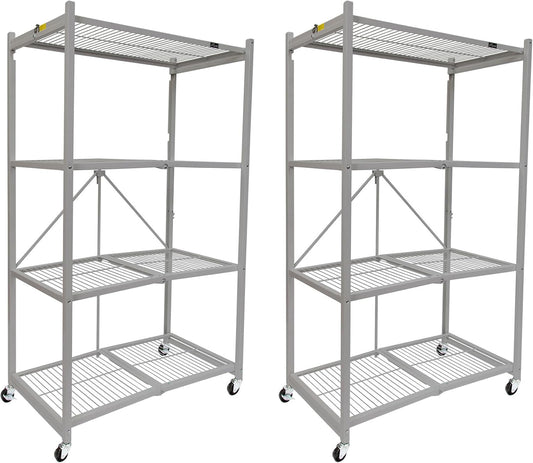 Origami 2 Pack 4 Tier Foldable Metal Garage Storage Shelf Rack, Wheels & Powder Coated Steel, Silver
