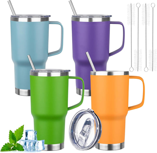 20oz Insulated Tumbler with Handle Stainless Steel Travel Coffee Mug with Lid and Straw Double Wall Vacuum Leak-proof Reusable Thermal Water Cup for Hot and Cold Drinks (Multicolor-5,4 Pack)